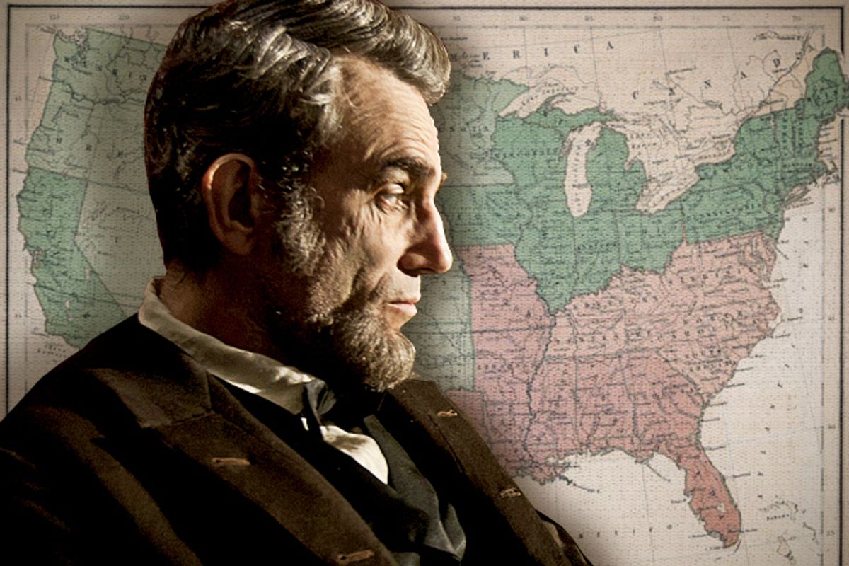 "LINCOLN"..L-001131R..Daniel Day Lewis stars as President Abraham Lincoln in this scene from director Steven Spielberg's "Lincoln" from DreamWorks Pictures and Twentieth Century Fox...Ph: David James, SMPSP..Â©DreamWorks II Distribution Co., LLC. â All Rights Reserved.         (David James, Smpsp)
