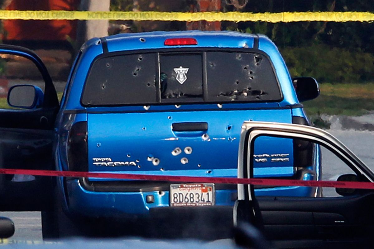 Police opened fire on this vehicle in a case of mistaken identity while searching for former Los Angeles police officer Christopher Jordan Dorner.   (Reuters/Patrick Fallon)