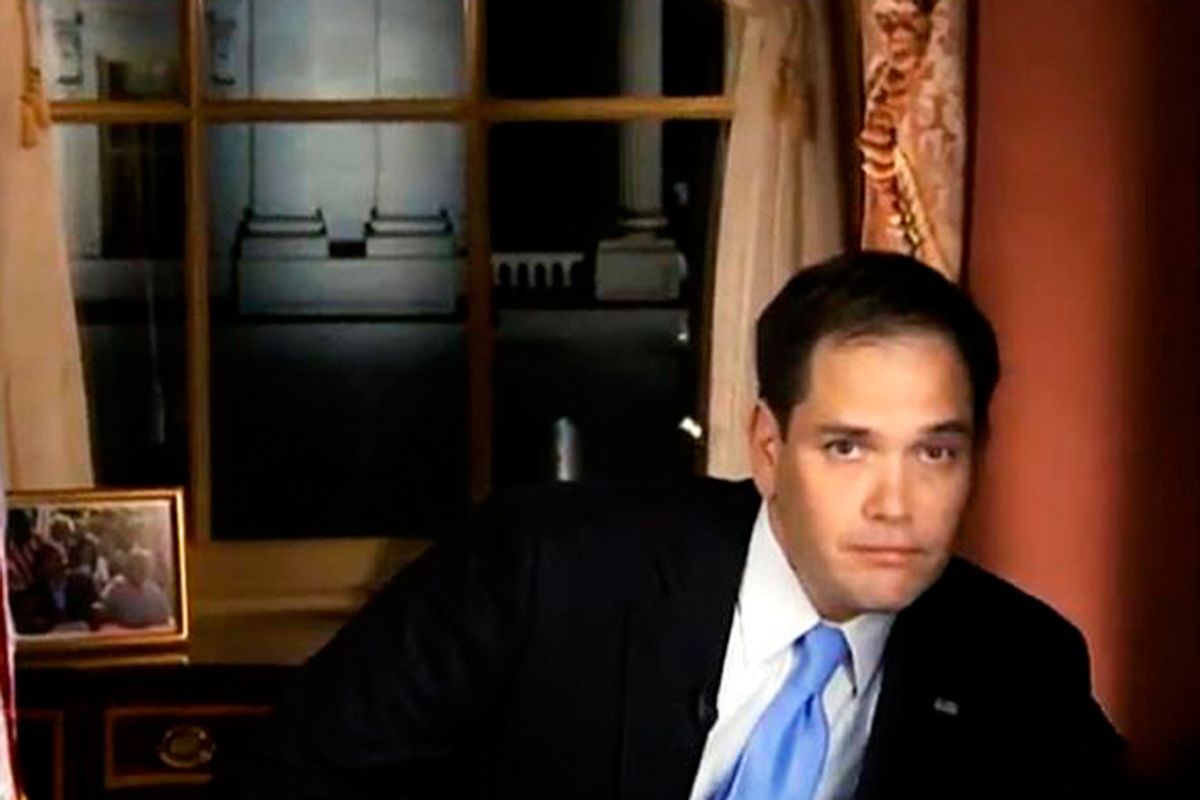 Marco Rubio reaches (clumsily) for a bottle of water during his response to the president's State of the Union address. On Wednesday, the newly appointed "Republican savior" laughed off his embarrassing moment, telling ABC's "Good Morning America" "God has a funny way of reminding us we're human."   