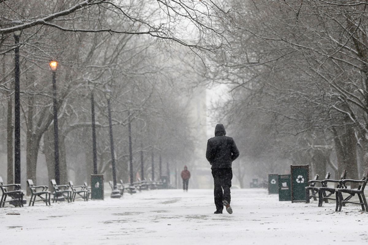 A pedestrian walks through the snow in Washington Park on Friday, Feb. 8, 2013, in Albany, N.Y.       (AP/Mike Groll)