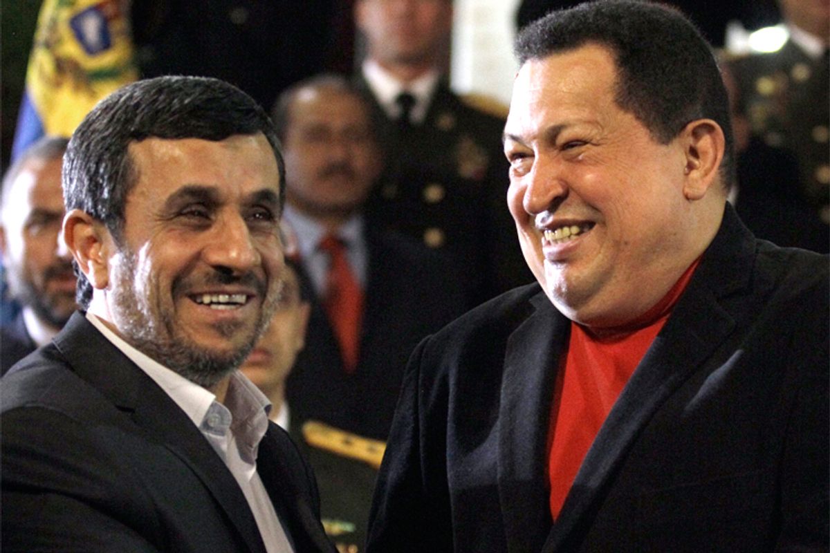 Mahmoud Ahmadinejad and Hugo Chavez. (AP Photo/Fernando Llano)     (Fernando Llano)