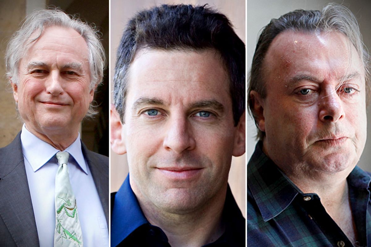 Richard Dawkins, Sam Harris, Christopher Hitchens     (Reuters/Andrew Winning/Facebook/Shannon Stapleton)