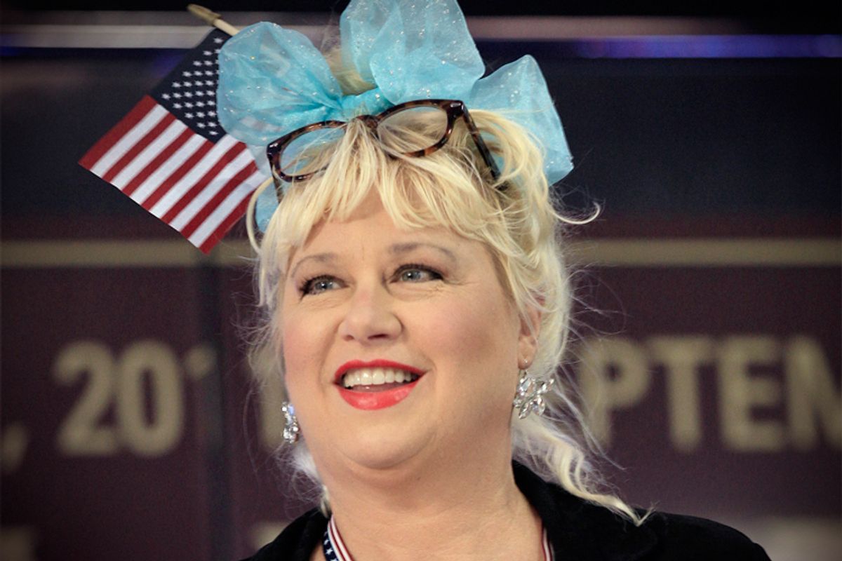 Actress Victoria Jackson takes part in a rally before a Republican presidential debate Monday, Sept. 12, 2011, in Tampa, Fla.      (AP/Chris O'meara)