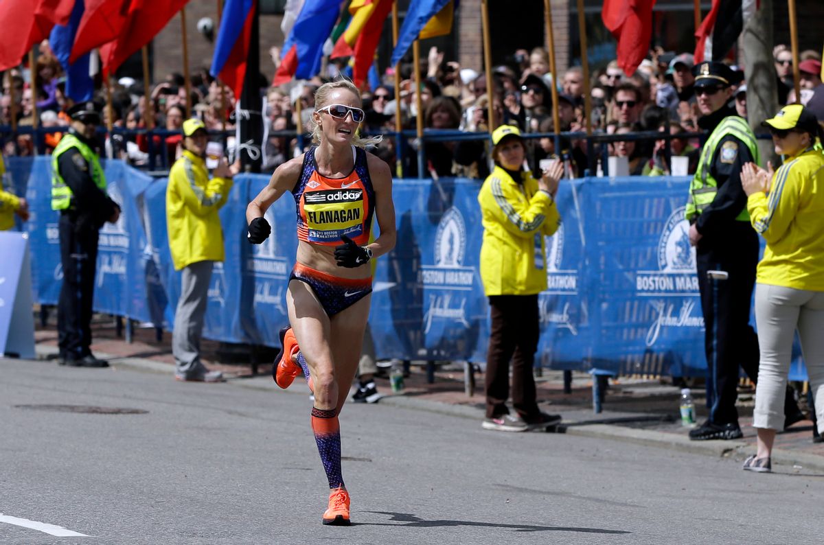 Shalane Flanagan approaches the finish line to finish fourth in the women's division of the 2013 Boston Marathon in Boston Monday, April 15, 2013.       (AP/Elise Amendola)