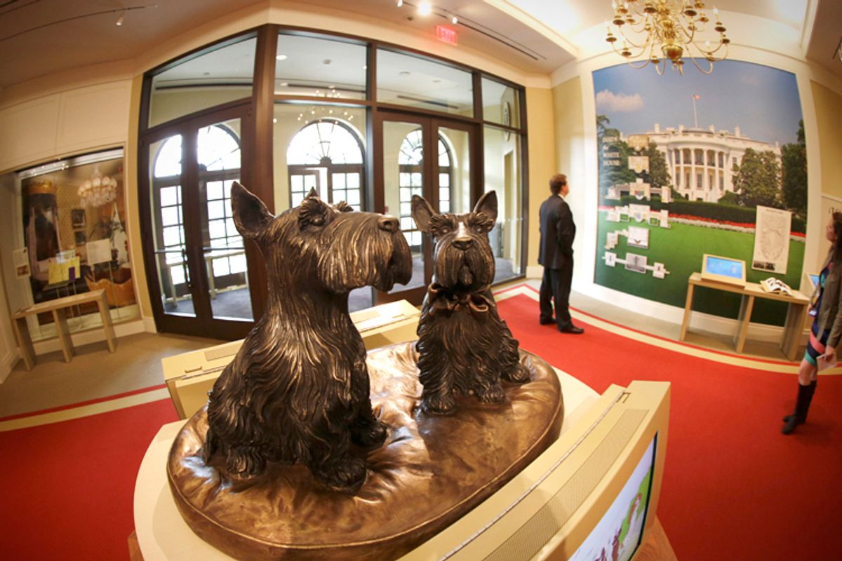 Busts of presidential pets Barney and Miss Beazley, in the George W. Bush Presidential Center.     (AP/David J. Phillip)