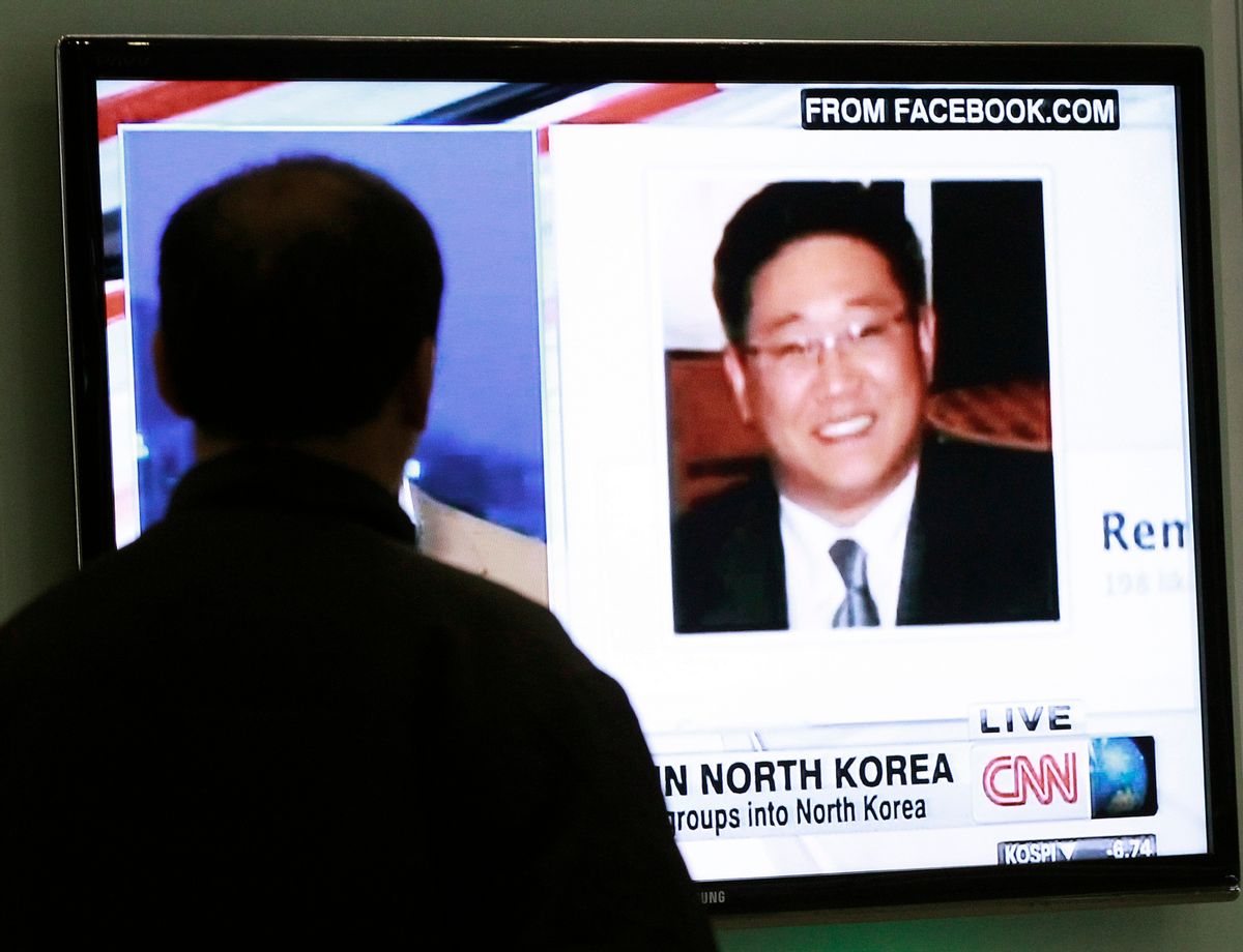 A South Korean man watches a TV news program showing Korean American Kenneth Bae at the Seoul Railway Station in Seoul, South Korea, Thursday, May 2, 2013.   (AP/Ahn Young-joon)