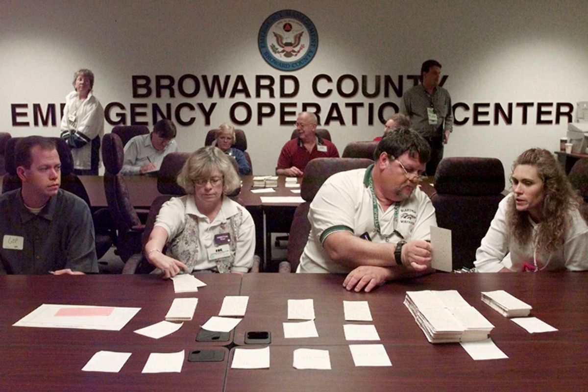 Counters and observers continue a hand recount of Broward County ballots, Nov. 19, 2000     (AP/Amy E. Conn)