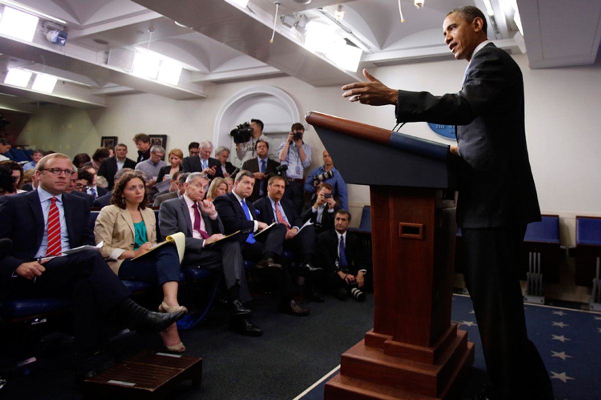 U.S. President Barack Obama answers questions from the media at the White House in Washington, April 30, 2013.      (Reuters/Jason Reed)