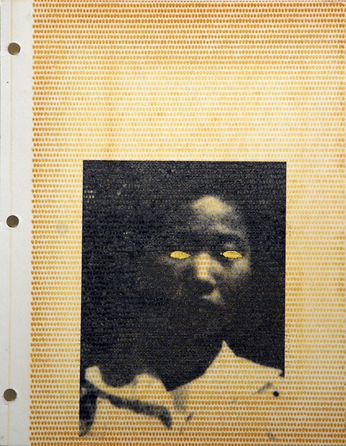 Young Sun Han, “Fantom Border Crosser #2″ (2013). Archival ink and gold leaf on vintage album page, acrylic coating   