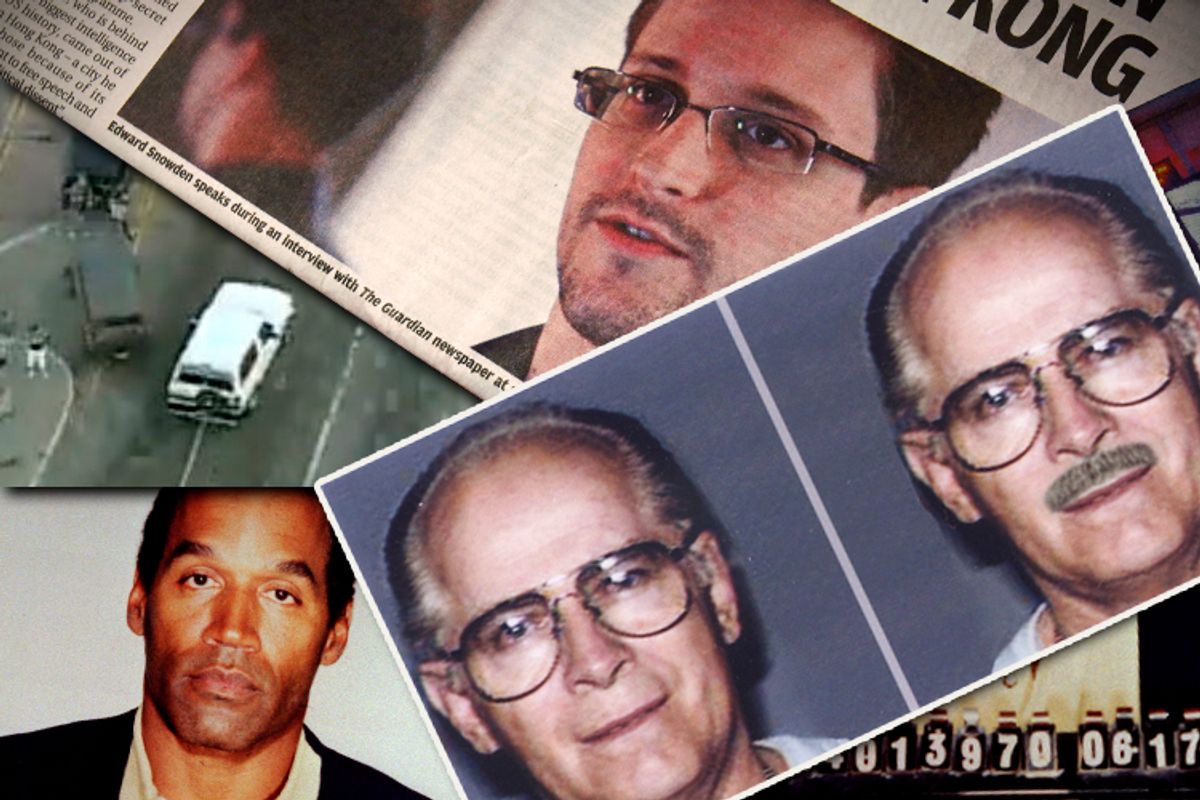 A composite of images featuring OJ Simpson, Whitey Bulger and Edward Snowden                         (AP/Salon)