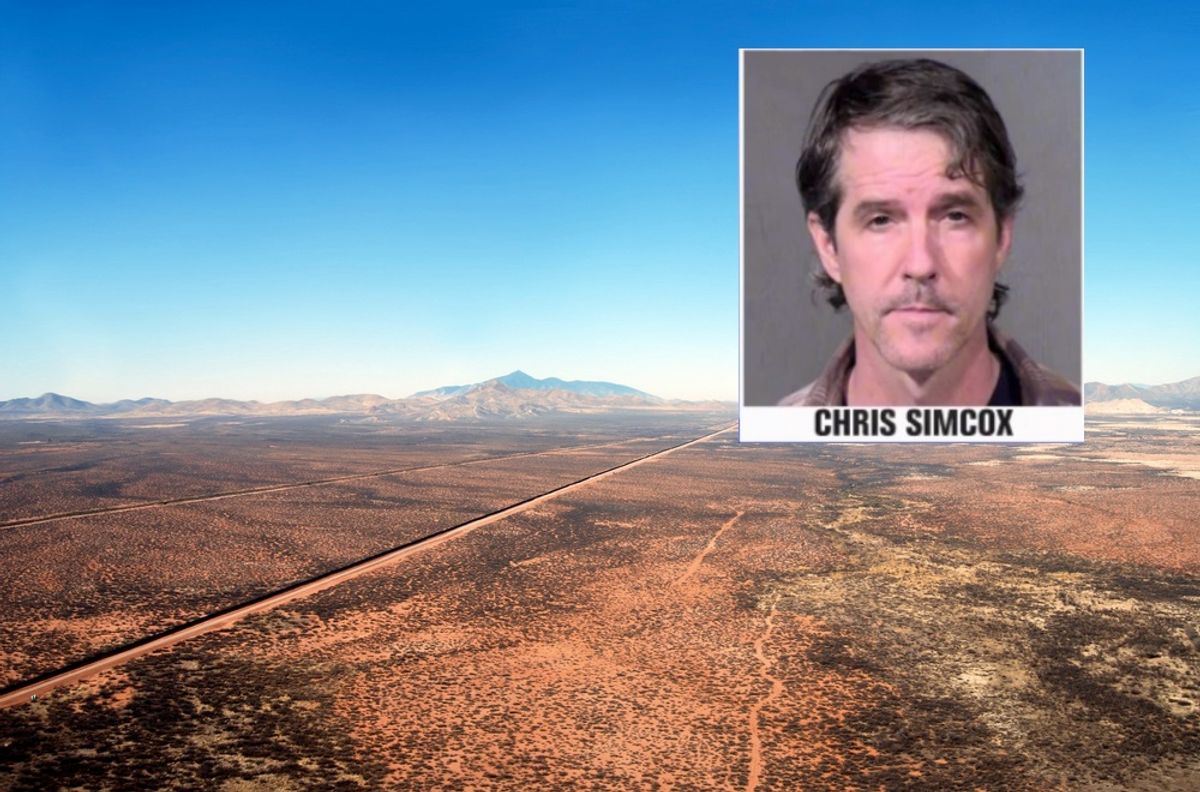 Aerial of the U.S. Mexico border fence in the Arizona desert. Foreground: mugshot of Chris Simcox.      (Frontpage/Shutterstock and Phoenix Police)
