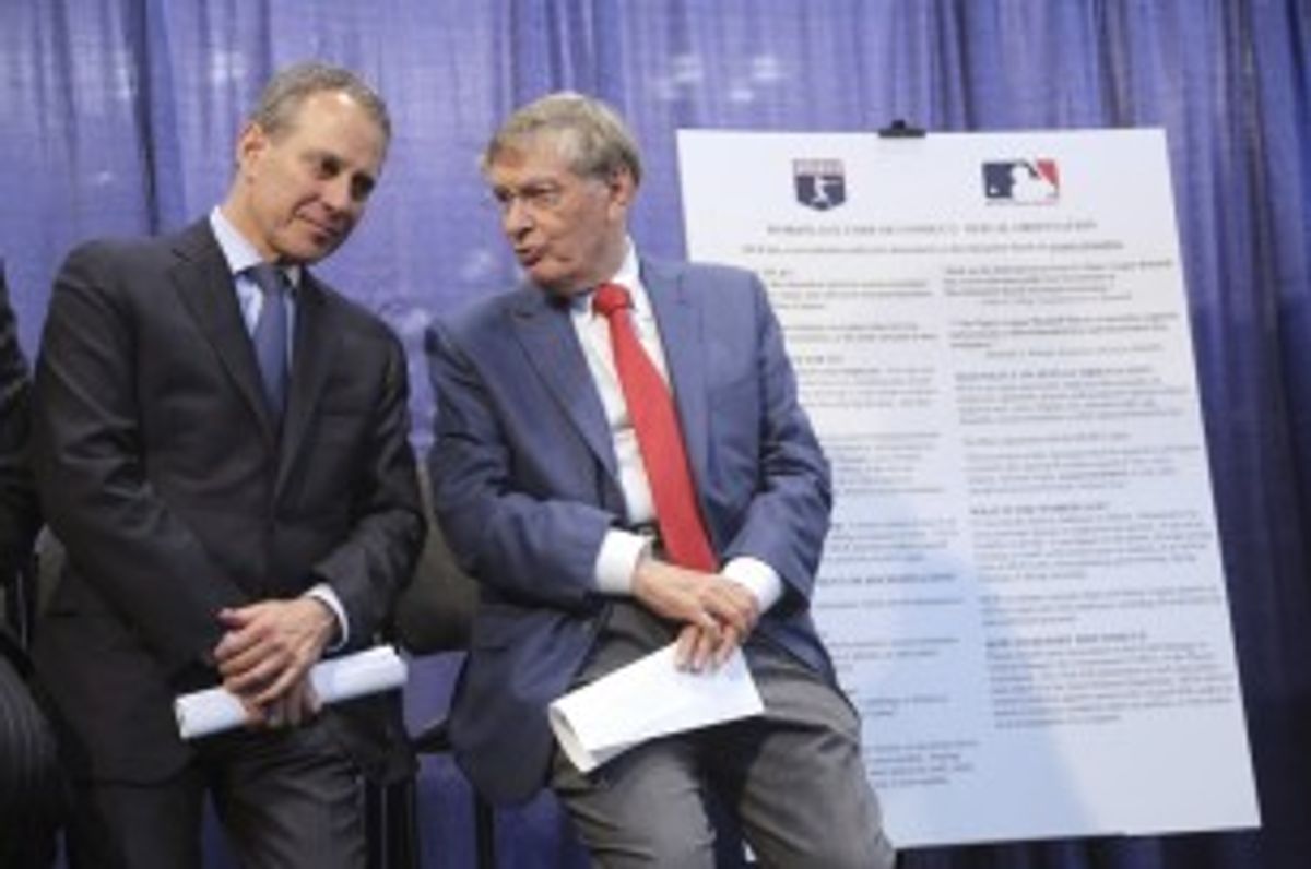 AG Eric Schneiderman, left, with MLB Commissioner Bud Selig on Tuesday     (Mary Altaffer/Associated Press)