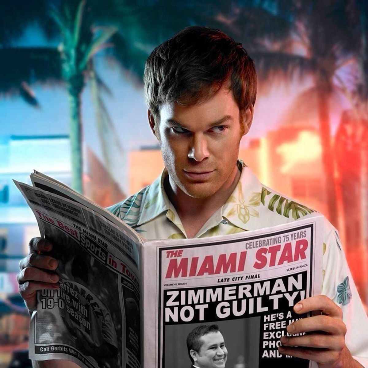 A photoshopped image of Dexter reading about Zimmerman's acquittal            (dexterpodcast/Flickr)