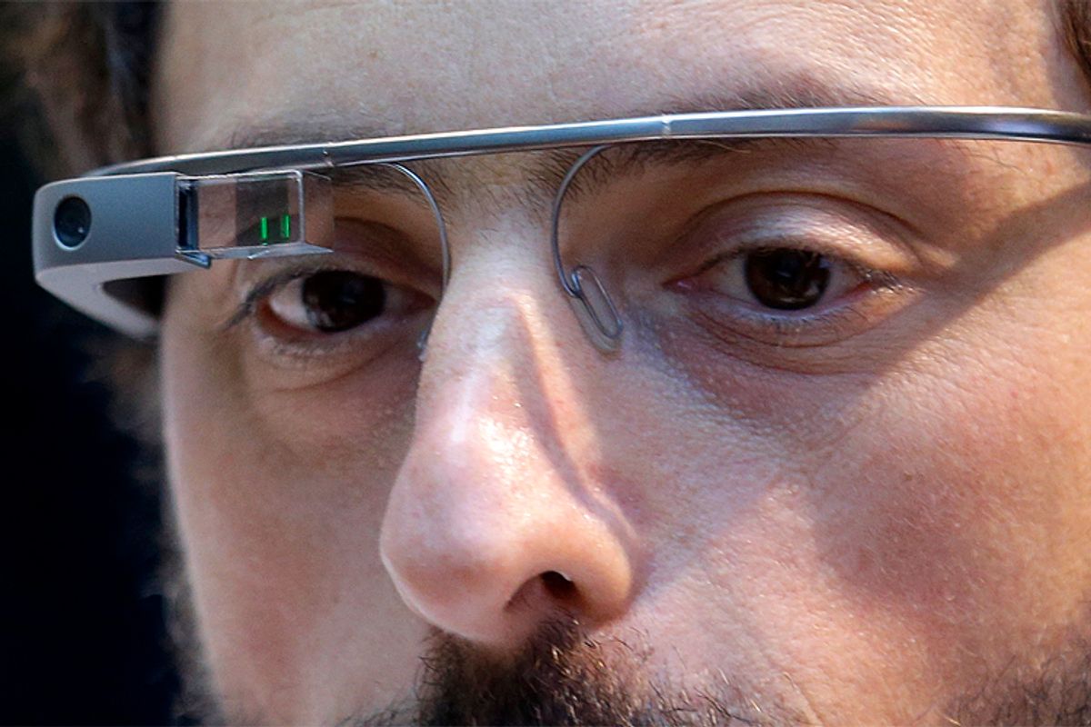 Google co-founder Sergey Brin wears a Google Glass device.                        (AP/Jeff Chiu)