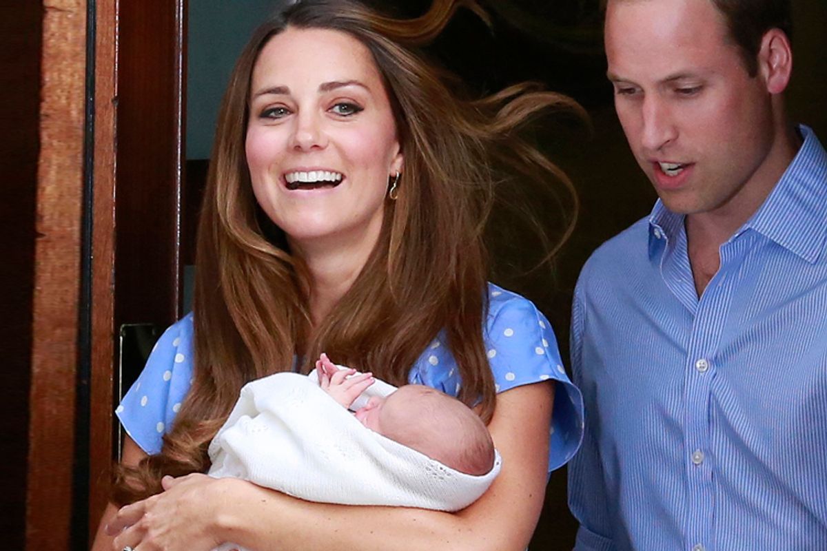 Catherine, Duchess of Cambridge, and Prince William appear with their baby son outside St Mary's Hospital, London, July 23, 2013.    (Reuters/Cathal Mcnaughton)