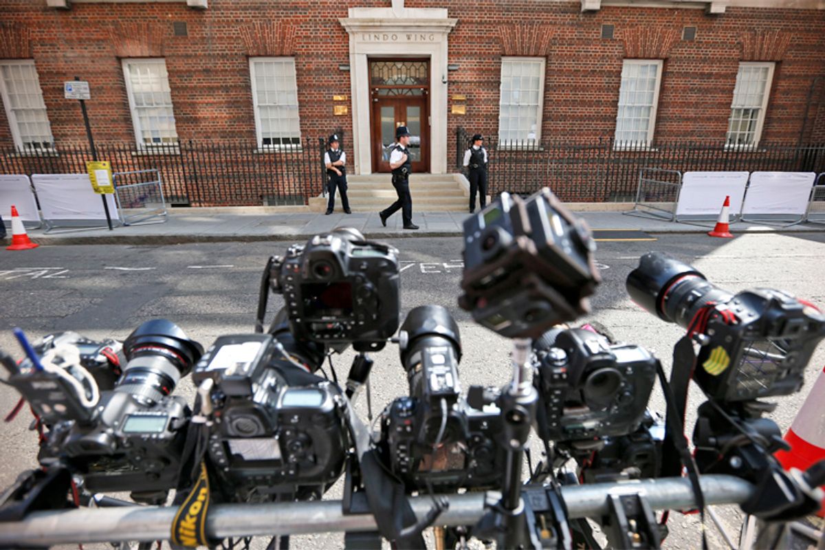 Remote-controlled cameras are set up across St. Mary's Hospital exclusive Lindo Wing in London, Monday, July 22, 2013.         (AP/Lefteris Pitarakis)