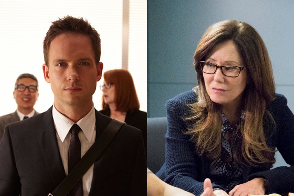 Patrick J. Adams as Mike Ross in "Suits", Mary McDonnell as Sharon Raydor in "Major Crimes"        (USA Network/Ian Watson/TNT/Doug Hyun)