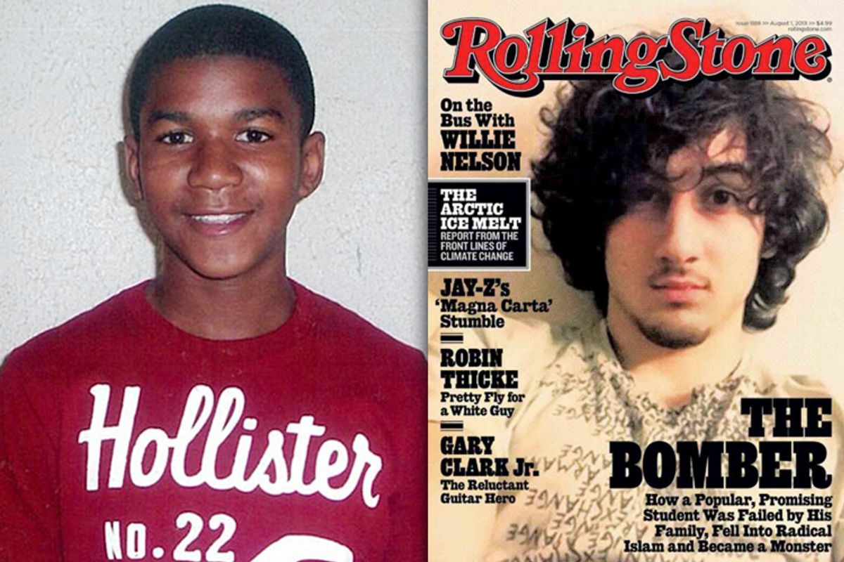 Trayvon Martin, Dzhokhar Tsarnaev     (AP/Martin Family/Rolling Stone)