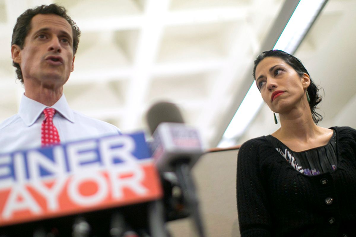 Anthony Weiner and his wife Huma Abedin at a news conference in New York, July 23, 2013.      (Reuters/Eric Thayer)