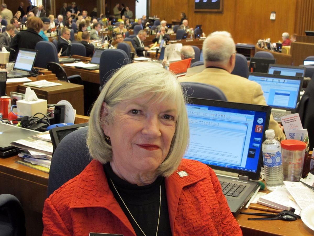 Rep. Kathy Hawken, R-Fargo, poses at the state Capitol in Bismarck, N.D., Tuesday, March 19, 2013.  (AP Photo/James MacPherson)