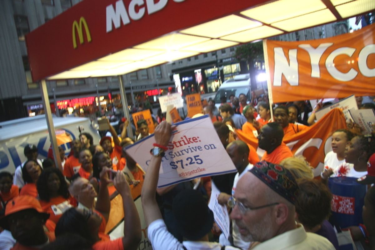  Fast-food workers and their supporters rallied outside of McDonald’s in the early hours of the morning Thursday in New York City, marking the start of a nationwide day of strikes.  ((WNV/Peter Rugh))