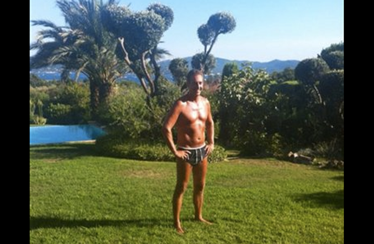 In this undated photo provided by the Austrian Freedom Party (FPOE) via Facebook, the party's head Heinz-Christian Strache poses in his bathing suit at an unknown location. As the campaign for Austrian general elections enters its grueling final phase, two high-profile contenders have gone beyond rolling up their shirt sleeves: They’ve taken off their shirts. Posing bare-chested is the newest twist on the rivalry between populist candidate Frank Stronach and Heinz-Christian Strache, who heads the anti-immigrant and EU-skeptic Freedom Party, as the two compete for the protest vote ahead of the Sept. 29 elections.  (AP Photo/Austrian Freedom Party via Facebook)