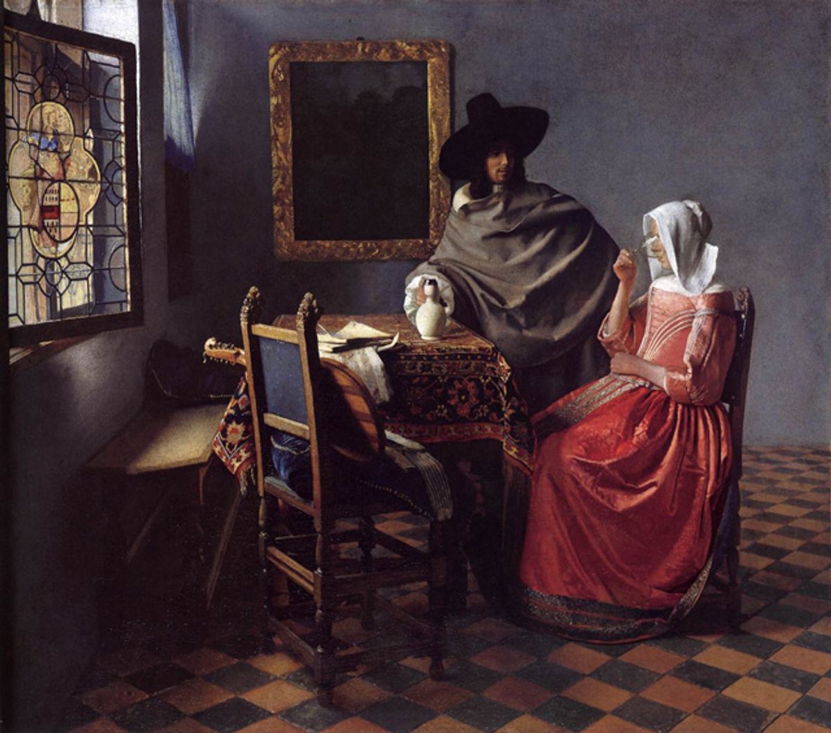  Johannes Vermeer, “A Lady Drinking and a Gentleman” (c. 1658), oil on canvas, 66.3 x 76.5 cm, Staatliche Museen, Berlin   (via Web Gallery of Art)