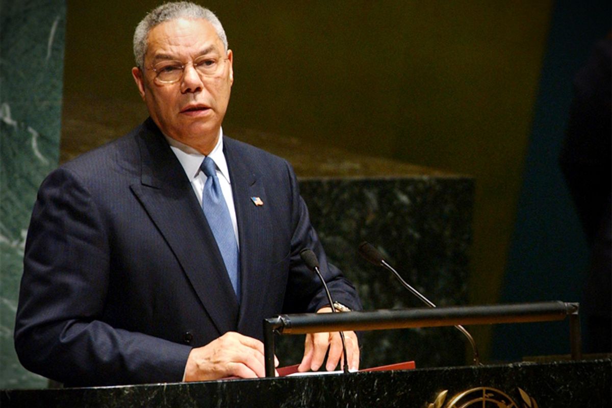 U.S. Secretary of State Colin Powell speaks before the United Nations
General Assembly meeting, in New York, September 16, 2002.    (Reuters/Chip East)