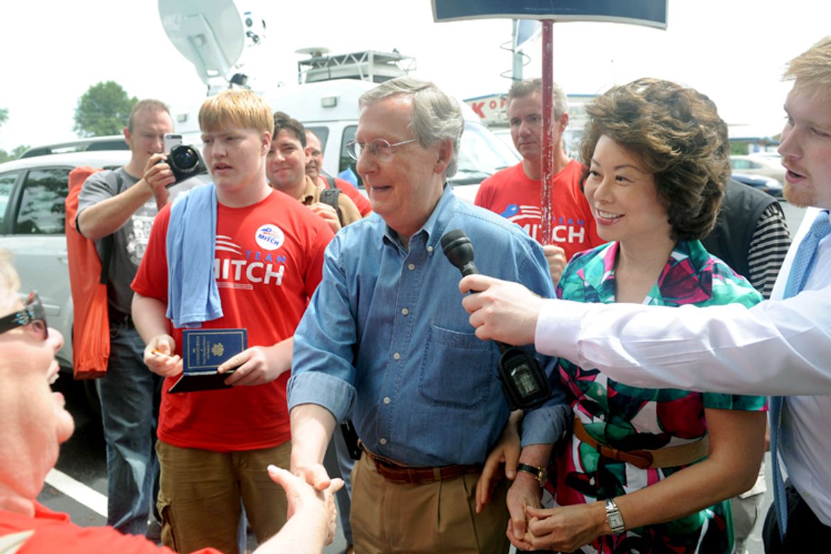 U.S. Sen. Mitch McConnell, R-KY, greets supporters during the 133rd Annual Fancy Farm Picnic in Fancy Farm, Ky., Saturday, Aug. 3, 2013.     (AP/Stephen Lance Dennee)