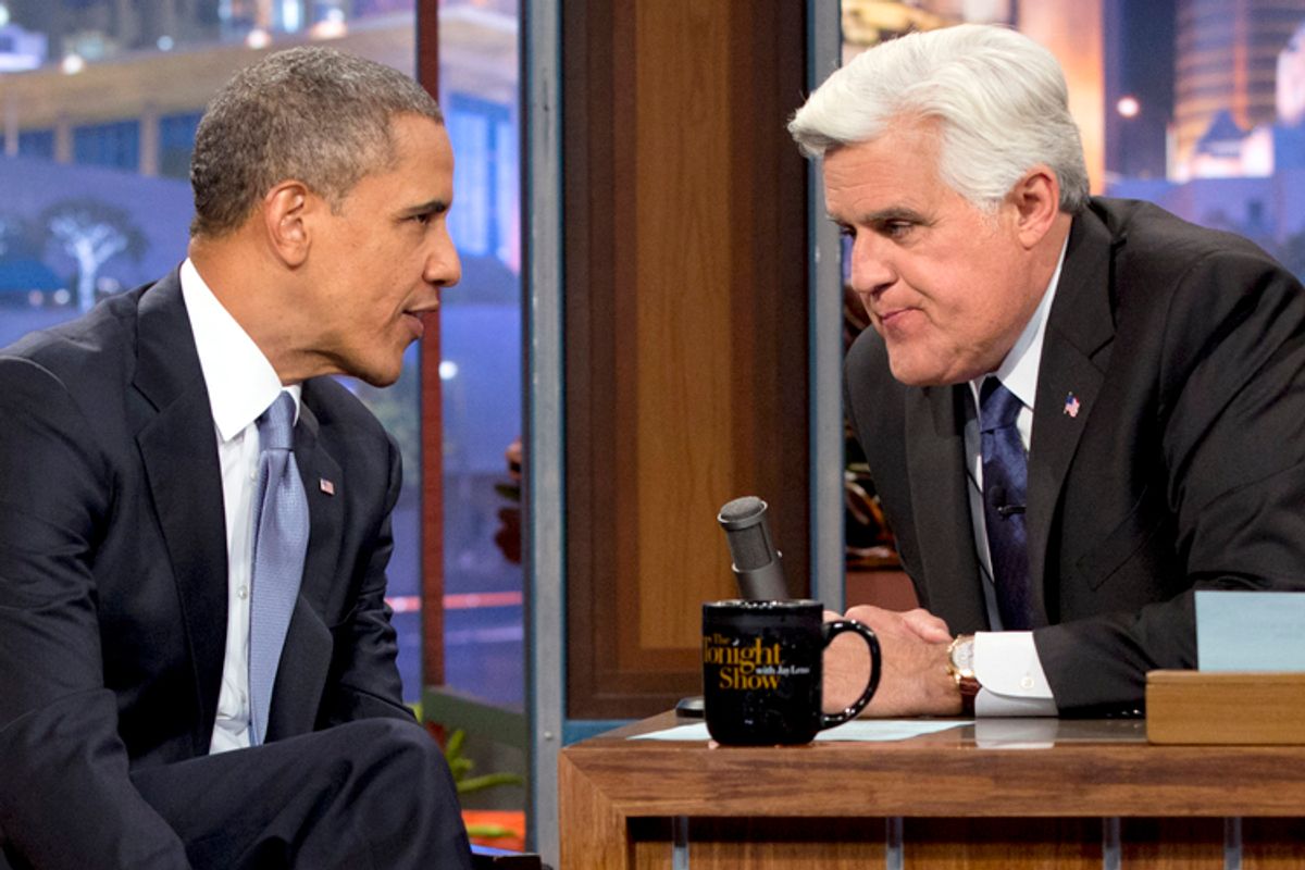 Barack Obama talks with Jay Leno during the taping of his appearance on "The Tonight Show with Jay Leno" on Aug. 6, 2013.              (AP/Jacquelyn Martin)