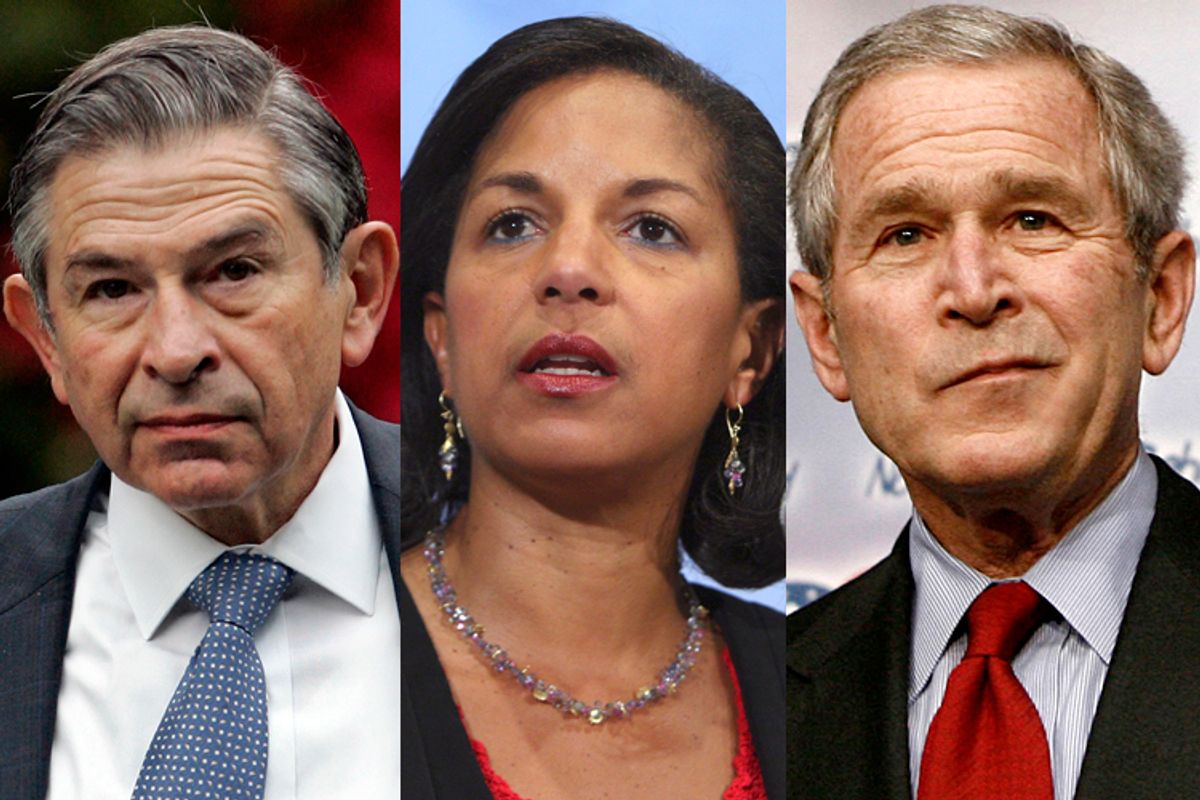 Paul Wolfowitz, Susan Rice, George W. Bush    (AP/J. Scott Applewhite/Devra Berkowitz/Reuters/Jason Reed)