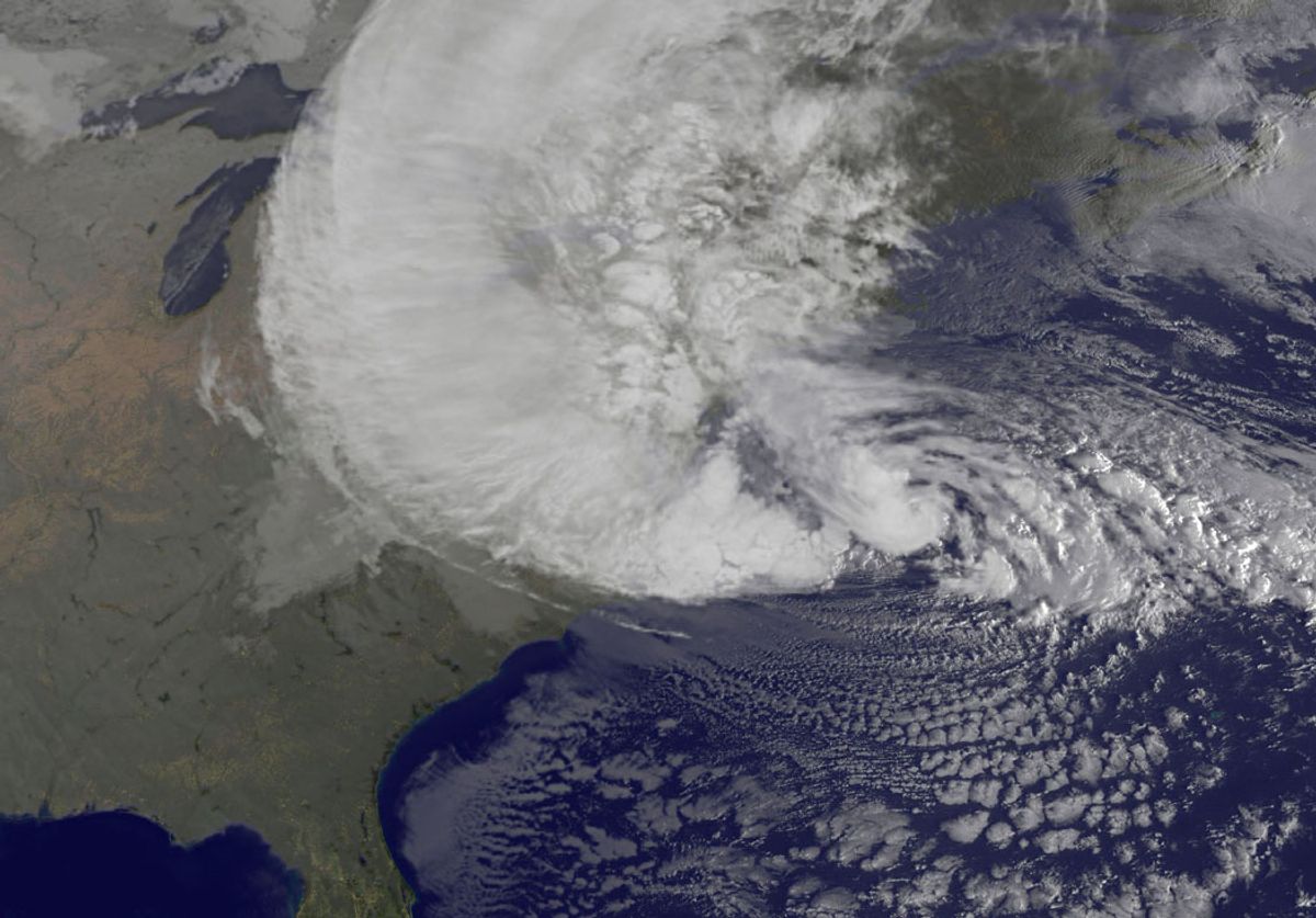 NOAA's GOES-13 satellite captured this visible image of Hurricane Sandy battering the U.S. East coast on Monday, Oct. 29 at 9:10 a.m. EDT.   (NASA GOES Project)