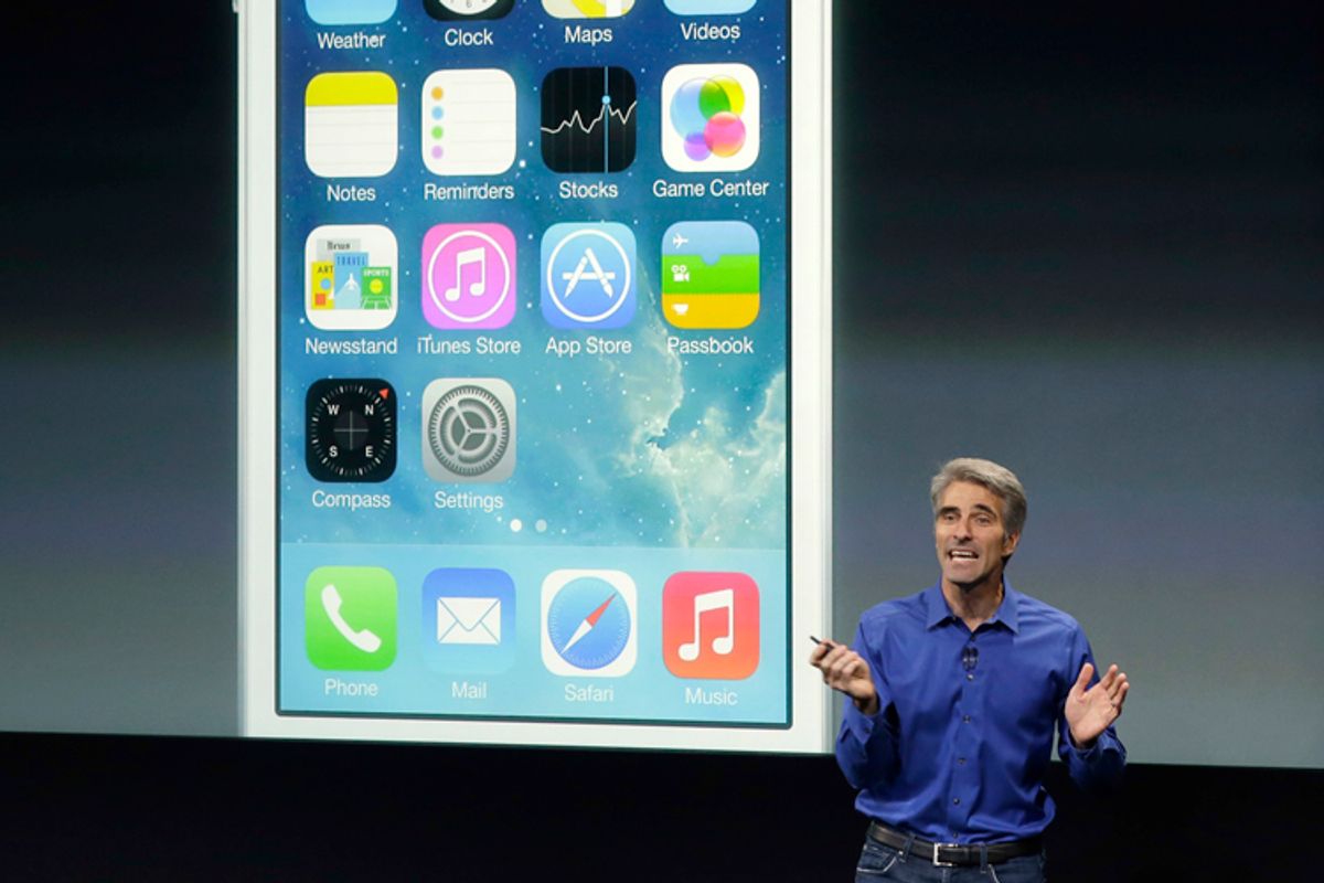 Craig Federighi, senior vice president of Software Engineering at Apple, speaks about the new iOS 7 release in Cupertino, Calif., Sept. 10, 2013.             (AP/Marcio Jose Sanchez)