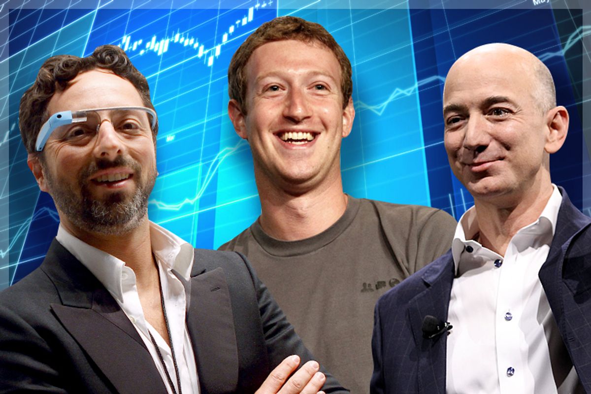 Sergey Brin, Mark Zuckerberg, Jeff Bezos            (Reuters/Carlo Allegri/Beck Diefenbach/AP/Matt Sayles/<a href='http://www.shutterstock.com/gallery-518599p1.html'>AshDesign</a> via <a href='http://www.shutterstock.com/'>Shutterstock</a>/Salon)