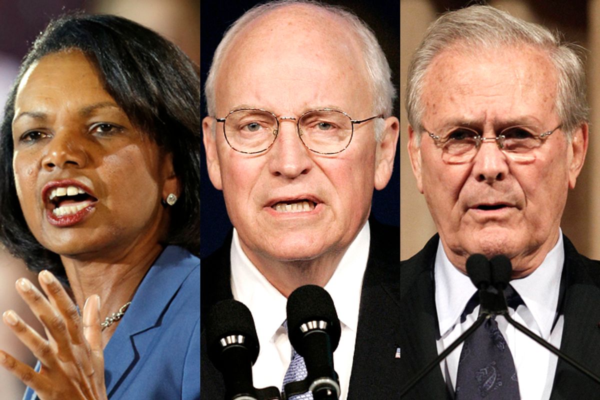 Condoleezza Rice, Dick Cheney, Donald Rumsfeld             (AP/Mark Duncan/Matt York/Wally Santana)