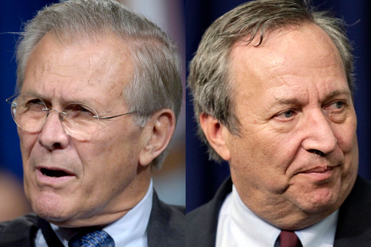 Donald Rumsfeld, Lawrence Summers       (Reuters/Jonathan Ernst/AP/J. Scott Applewhite)