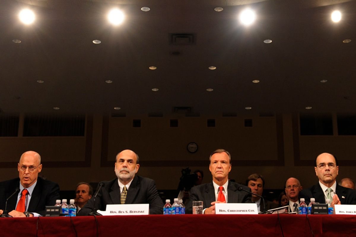 Henry Paulson, Ben Bernanke, Christopher Cox, and James Lockhart testify on Capitol Hill in Washington, Sept. 23, 2008, before the Senate Banking Committee.               (AP/Susan Walsh)