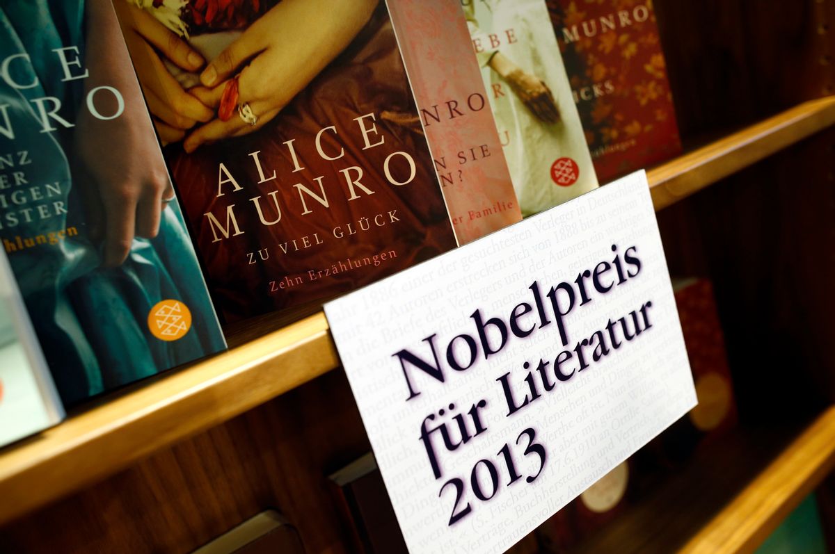 Books by Canadian writer Alice Munro, the 2013 Nobel Prize in Literature winner, are displayed during the book fair in Frankfurt, October 10, 2013. Munro won the Nobel Prize in Literature for being the "master of the contemporary short story," the award-giving body said on Thursday.                         (Reuters/Ralph Orlowski)