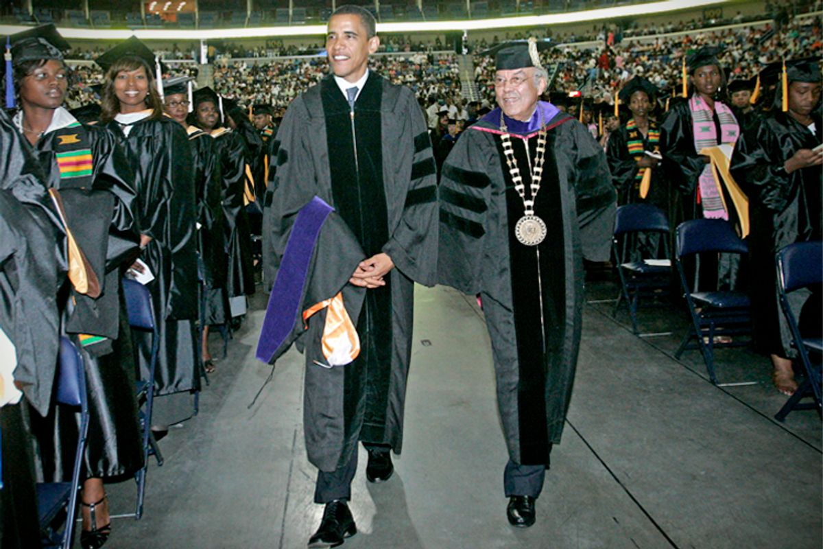 Barack Obama and Norman C. Francis, president of Xavier University of Louisiana are seen during the processional at the annual commencement program for Xavier University.             (AP/Judi Bottoni)