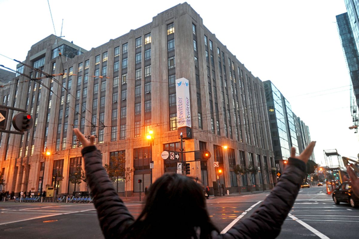 A protester outside Twitter's headquarters on Nov. 7, 2013, in San Francisco.            (AP/Noah Berger)
