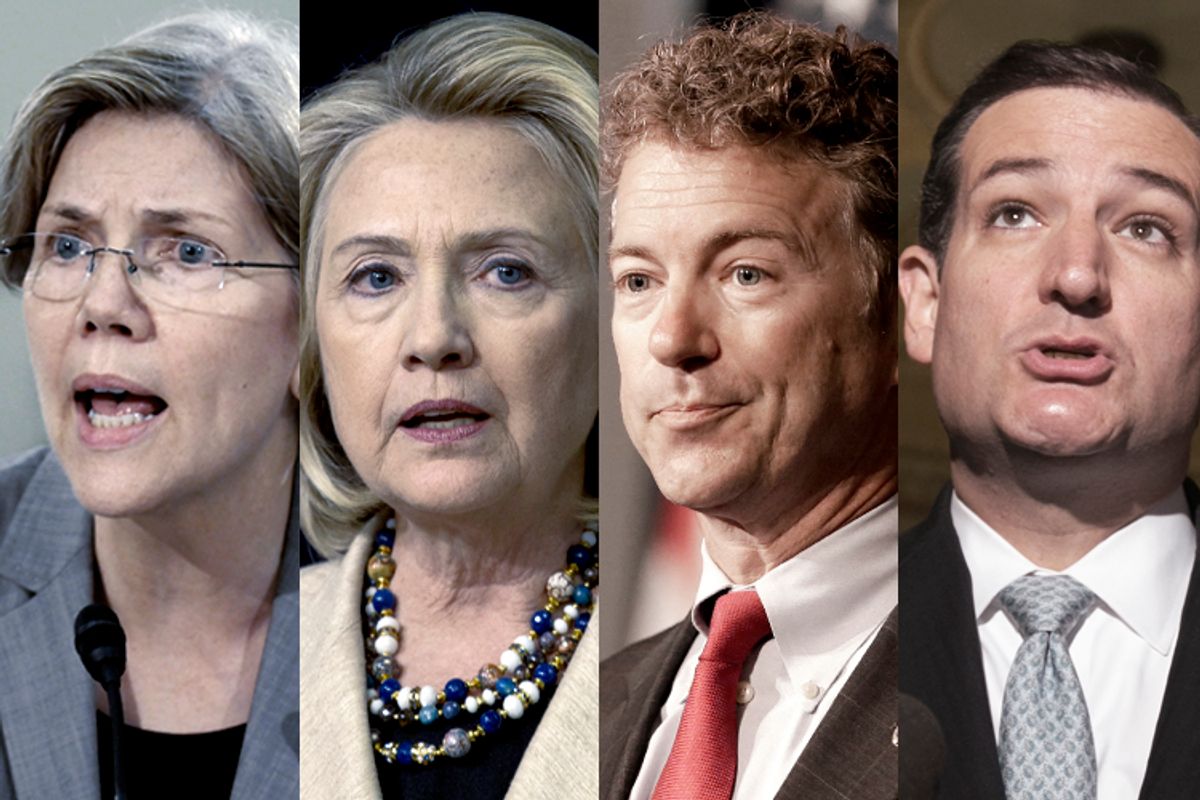 Elizabeth Warren, Hillary Clinton, Rand Paul, Ted Cruz                                    (Reuters/AP/Jonathan Ernst/Carolyn Kaster/Reed Saxon/Kevin Lamarque)