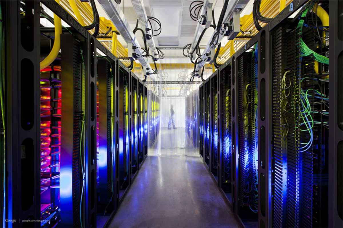 The campus-network room at a data center in Council Bluffs, Iowa. With the cooperation of foreign allies, the NSA is potentially gaining access to every email sent or received abroad, or between people abroad, from Google and Yahoo'­s email services, as well as anything in Google Docs, Maps or Voice, according to a series of articles in the Washington Post.                        (AP/Google/Connie Zhou)