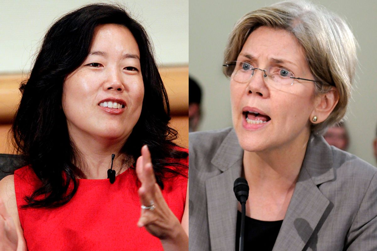 Michelle Rhee, Elizabeth Warren                  (AP/Jeff Chiu/Reuters/Jonathan Ernst)