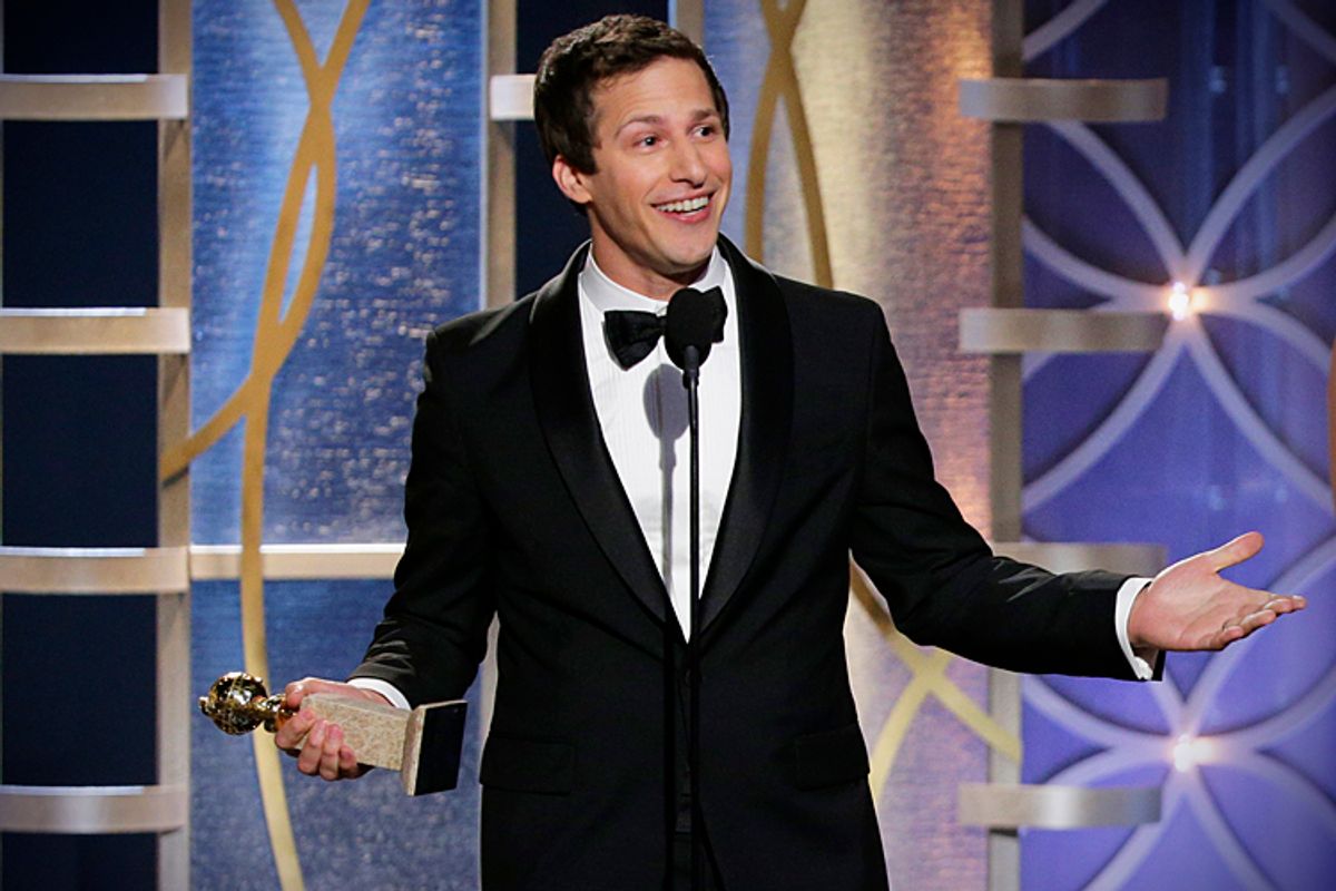 Andy Samberg accepting the award for best actor in a TV comedy series at the 71st annual Golden Globe Awards, Jan. 12, 2014.     (AP/Paul Drinkwater)