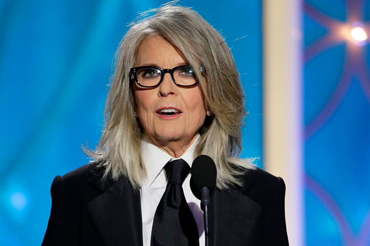 Diane Keaton accepts the Cecil B. DeMille award on behalf of Woody Allen at the Golden Globe Awards, Jan. 12, 2014.    (AP/Paul Drinkwater)