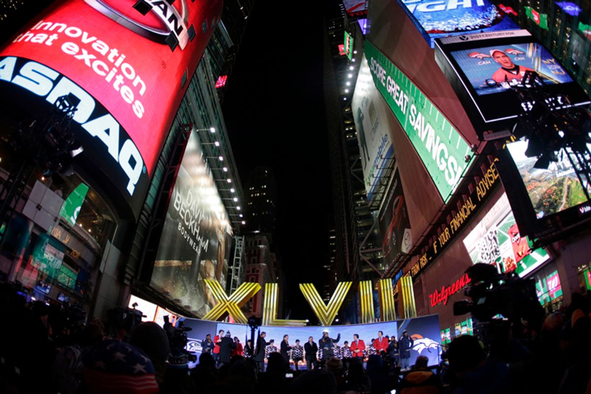 Super Bowl Boulevard in Times Square, Jan. 29, 2014, in New York.      (AP/Charlie Riedel)