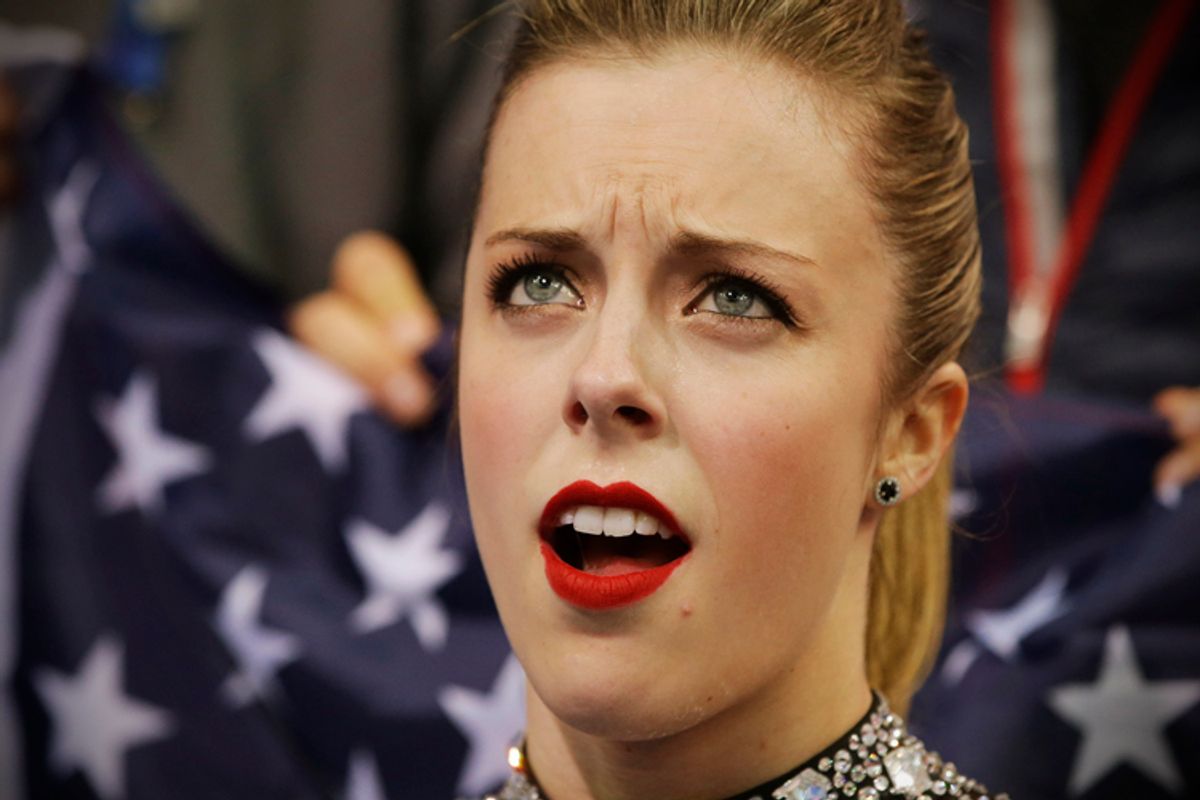 Ashley Wagner of the United States reacts during the Team Ladies Short Program at the Sochi 2014 Winter Olympics, February 8, 2014.    (Reuters/Darron Cummings)