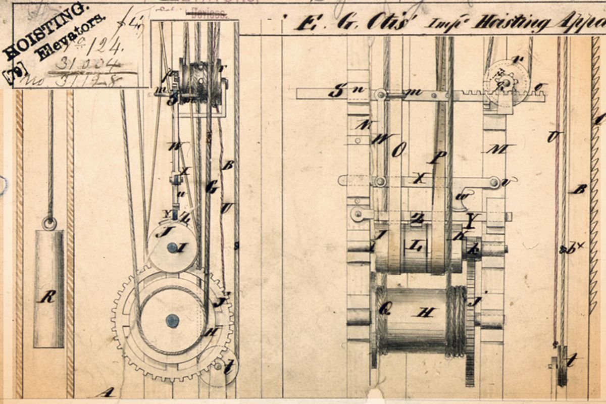 Details from the elevator patent drawings of Elisha Otis.   (Wikimedia)