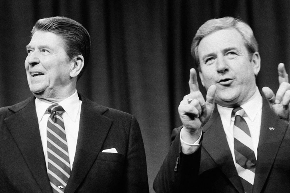 Ronald Reagan and Jerry Falwell at the Baptist Fundamentalism '84 conference, April 13, 1984 in Washington.      (AP/Ira Schwarz)