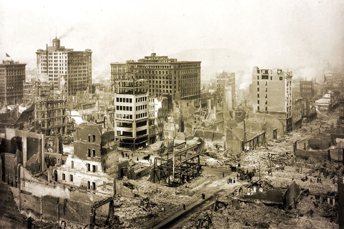 The San Francisco Earthquake of 1906, in the vicinity of Post St. and Grant Ave.                (Wikimedia/photo tinting by Salon)